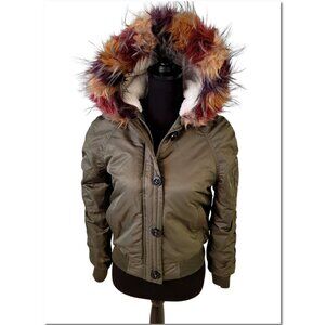 Pink platinum Bomber Jacket Army Green Faux Fur Hood Size Small Junior
